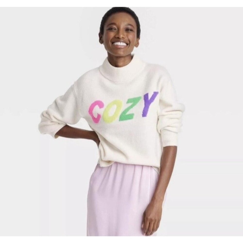 A New Day Sweater 2X Cozy Soft Knit White Rainbow Oversized Stretchy Comfy